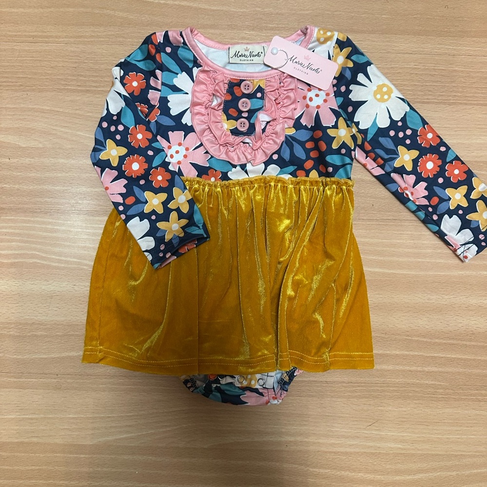 Marie Nicole Colorful Floral Baby Dress with Gold Skirt